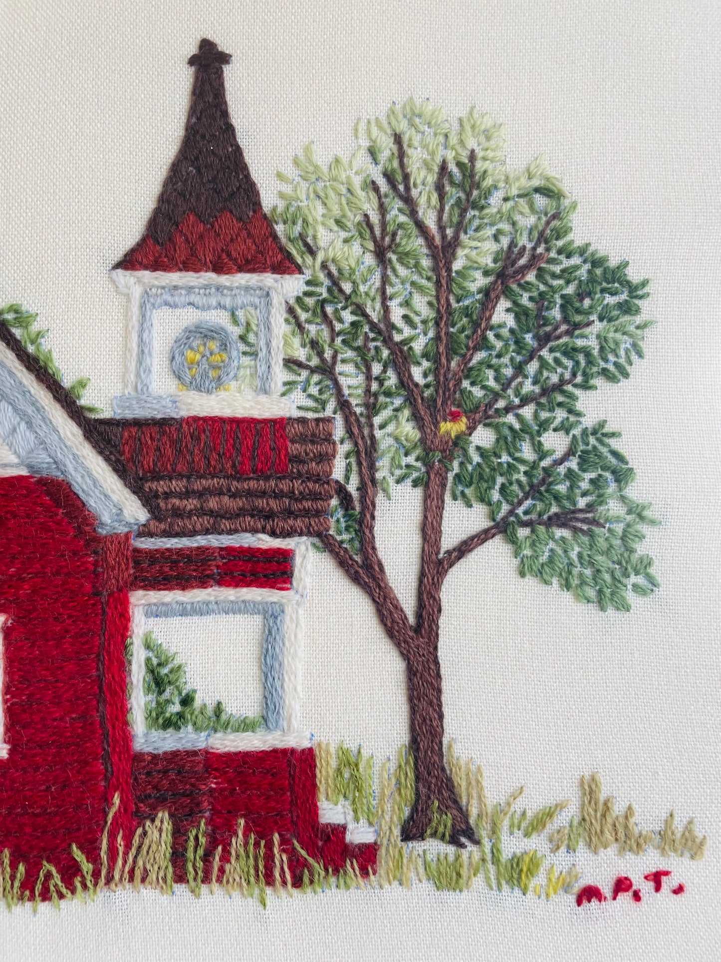 Absolutely Adorable Framed Crewel Needlepoint Embroidery Picture of Red One Room Schoolhouse