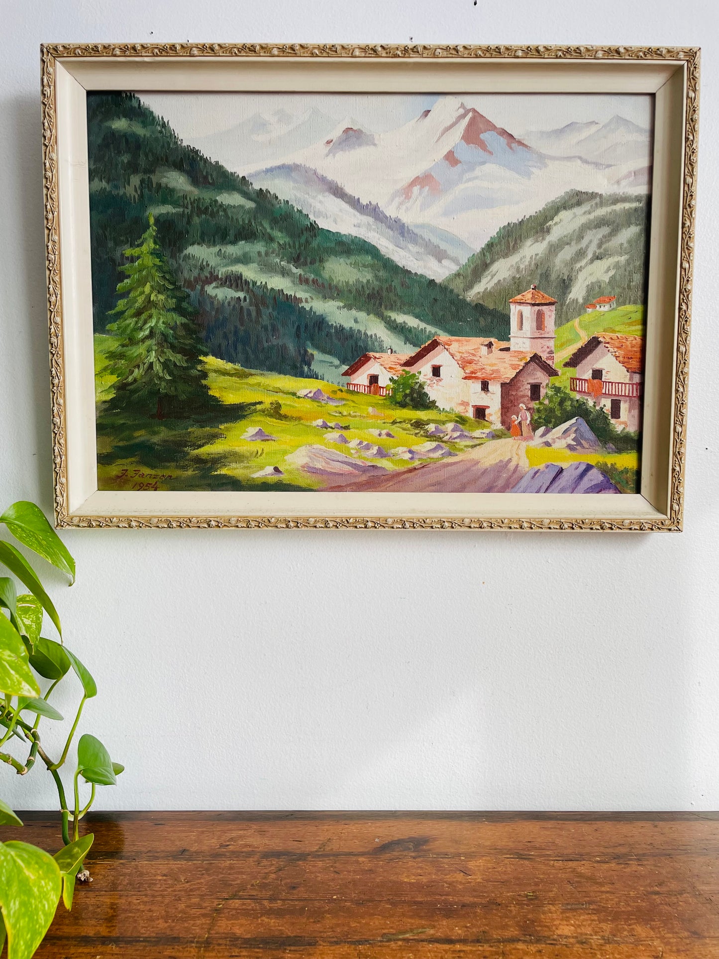 Vintage 1954 Original Art Painting Picture - Swiss Alps Mountain Scene with House & Woman Walking with Little Girl - Artist Signed