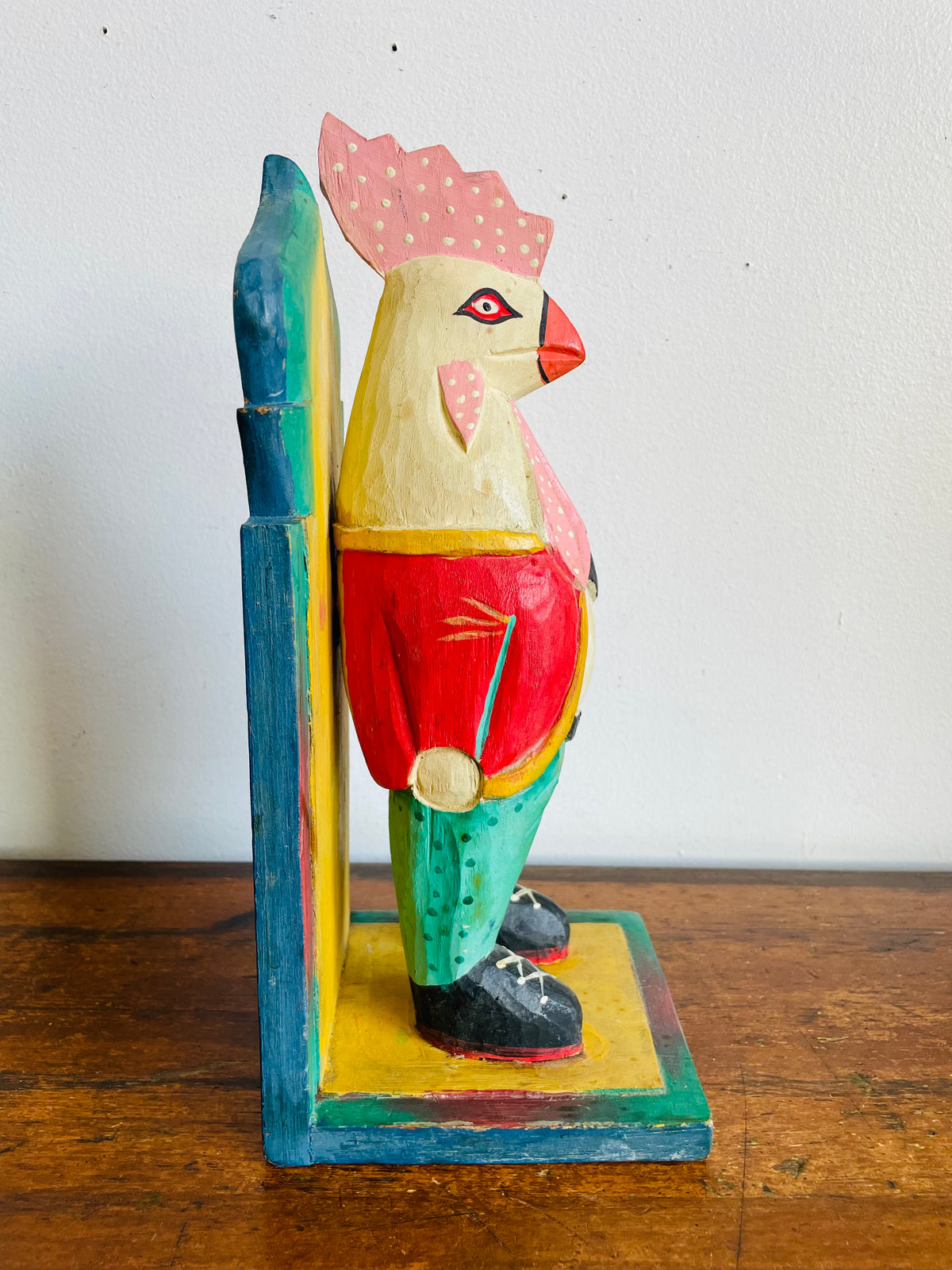 Vintage Bright & Fun Carved Wood Distinguished Gentleman Rooster in Fancy Clothing Giant Bookend or Statue - Whimsical Home Decor