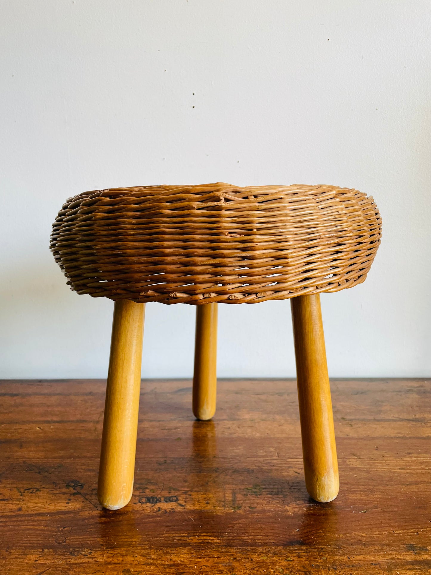 Vintage Mid-Century Modern Tony Paul Attributed Style Wood & Wicker Footrest Stool or Small Side Table with Tripod Spindle Legs