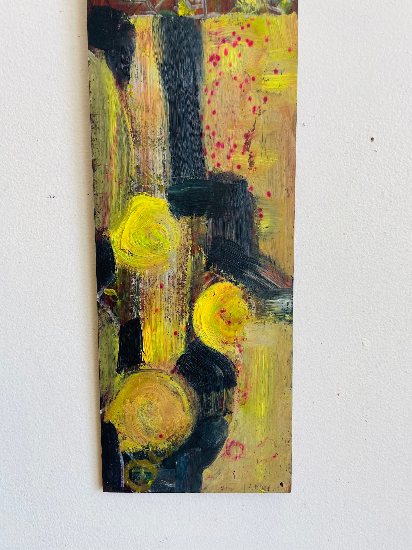 Original Art Yellow & Black Abstract Painting on Wood Board with Fish Hooks to Hang From Wall - Purchased from an Artist's Estate in Fort Erie, ON - No Shipping