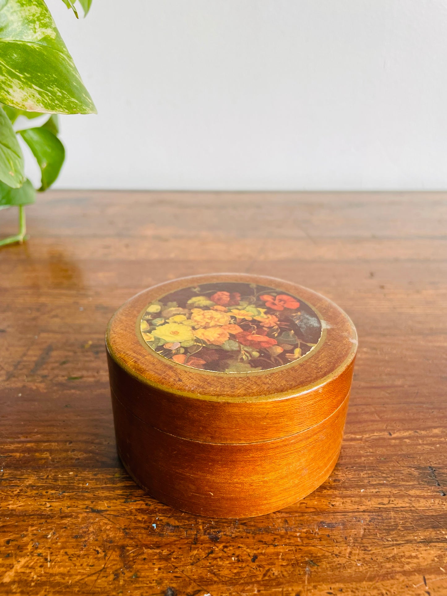 Round Wood & Tin Trinket Box with Floral Lid