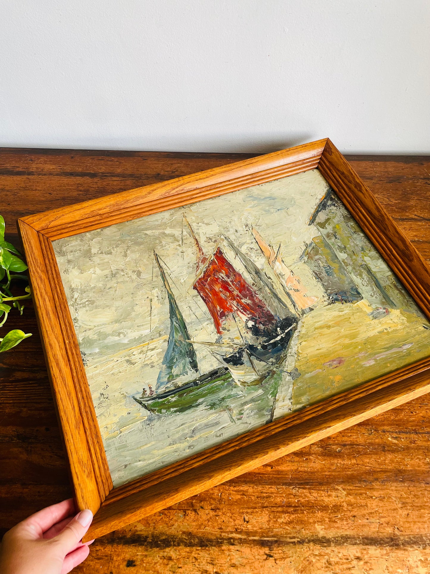 Vintage Original Art Painting - Impressionist Impasto Style - Sailboats & Fishing Ships Docked Along Wharf - "Marine Life" - Artist Signed - Purchased from a Fort Erie Estate - No Shipping