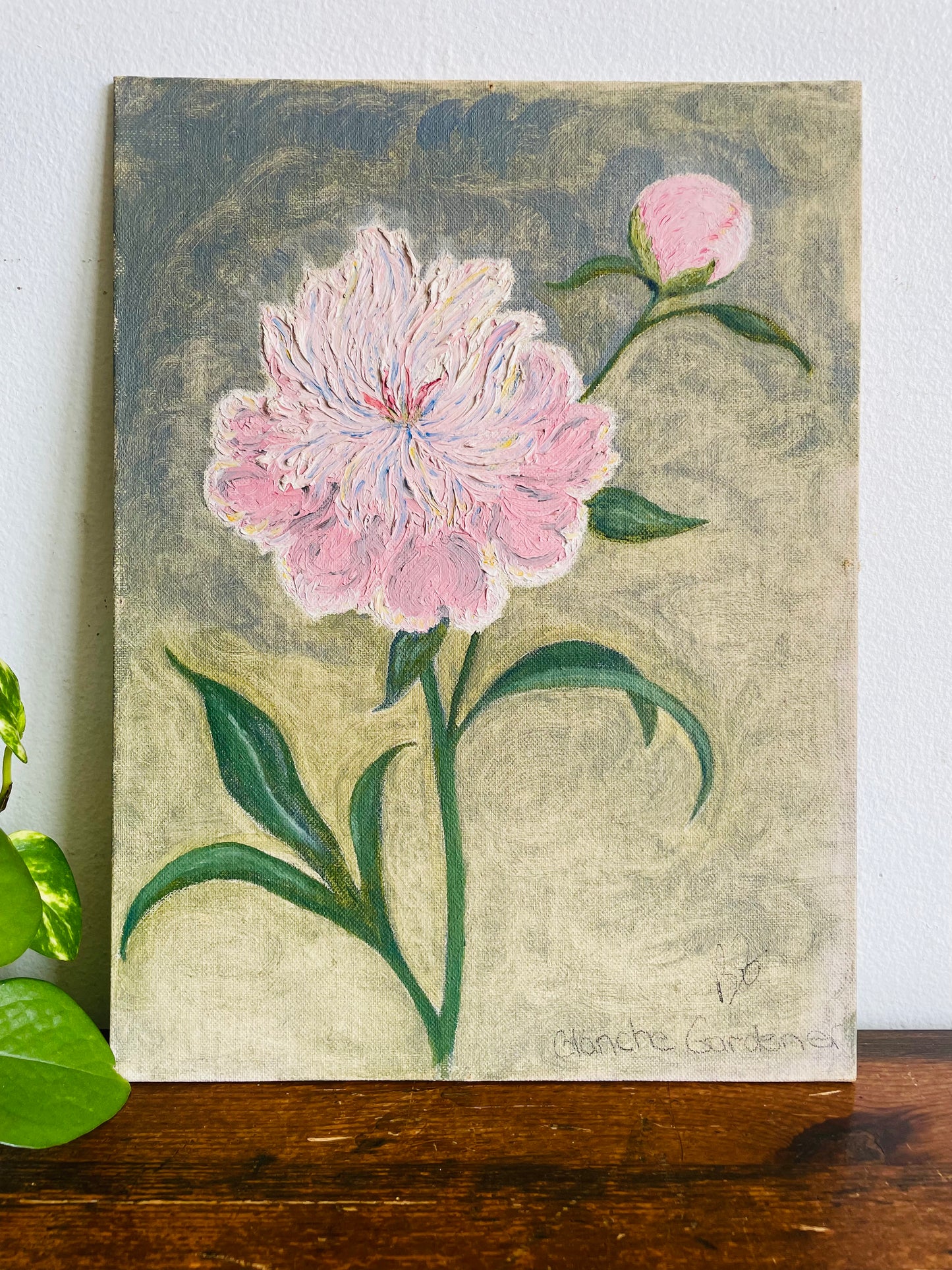 Vintage Original Art Painting Picture on Board of Pink Peony Flower - Artist Signed