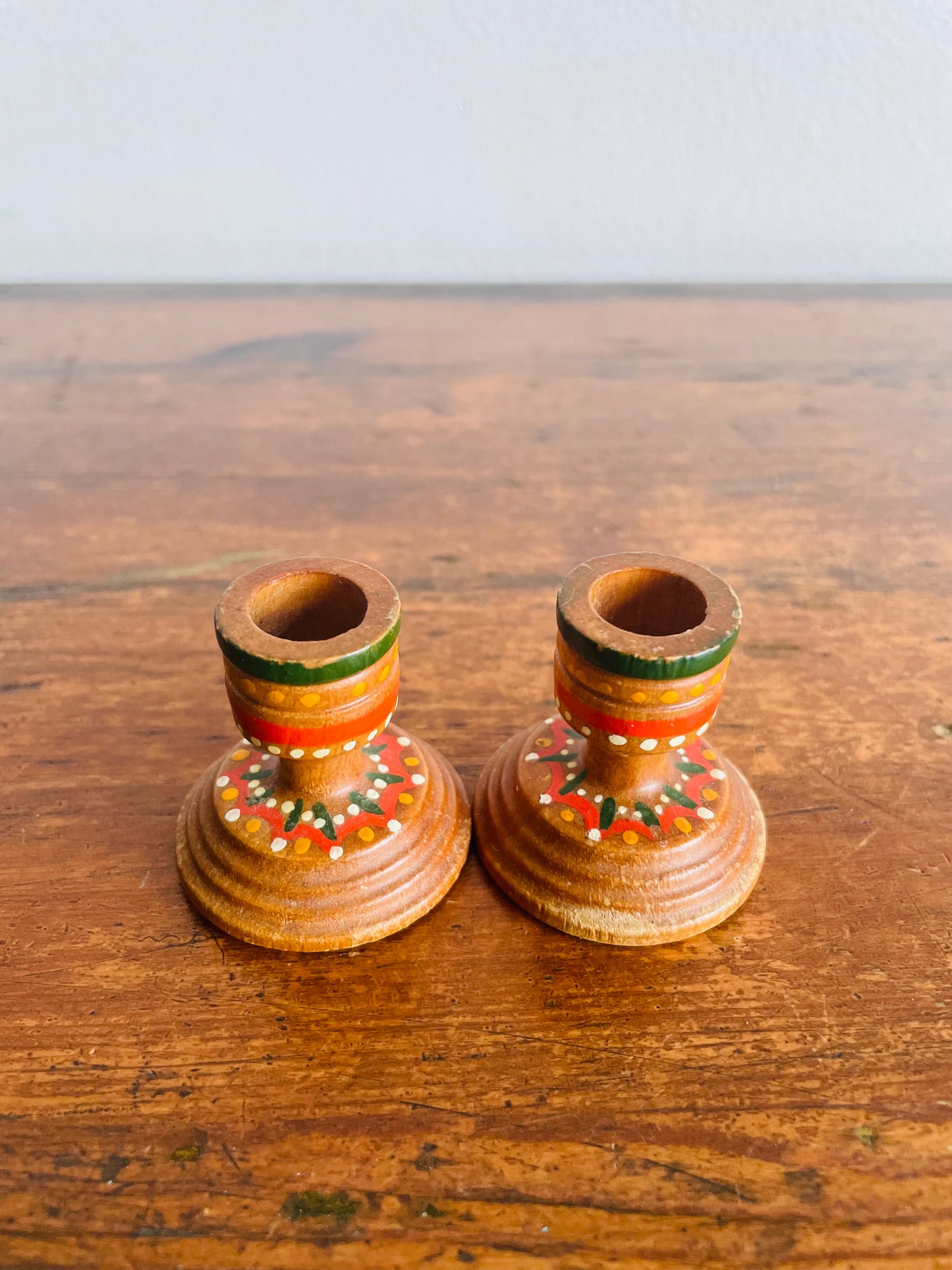 Miniature Hand Painted Wood Candlestick Holders with Folk Art Design - Set of 2