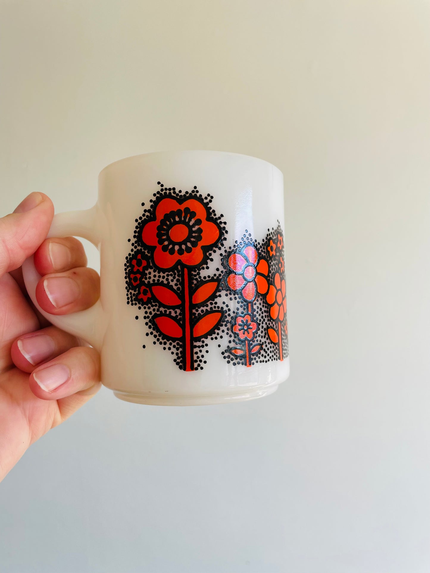 Hazel Atlas Groovy Orange Mod Flower Power Milk Glass Mug