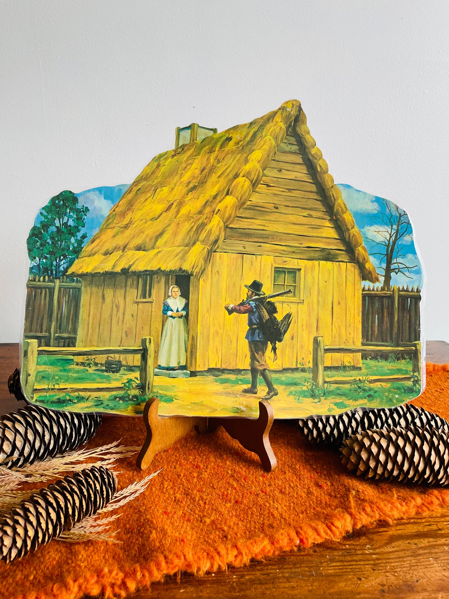 Vintage Thanksgiving Cardboard Cutout - Pilgrim Returning Home with Turkey