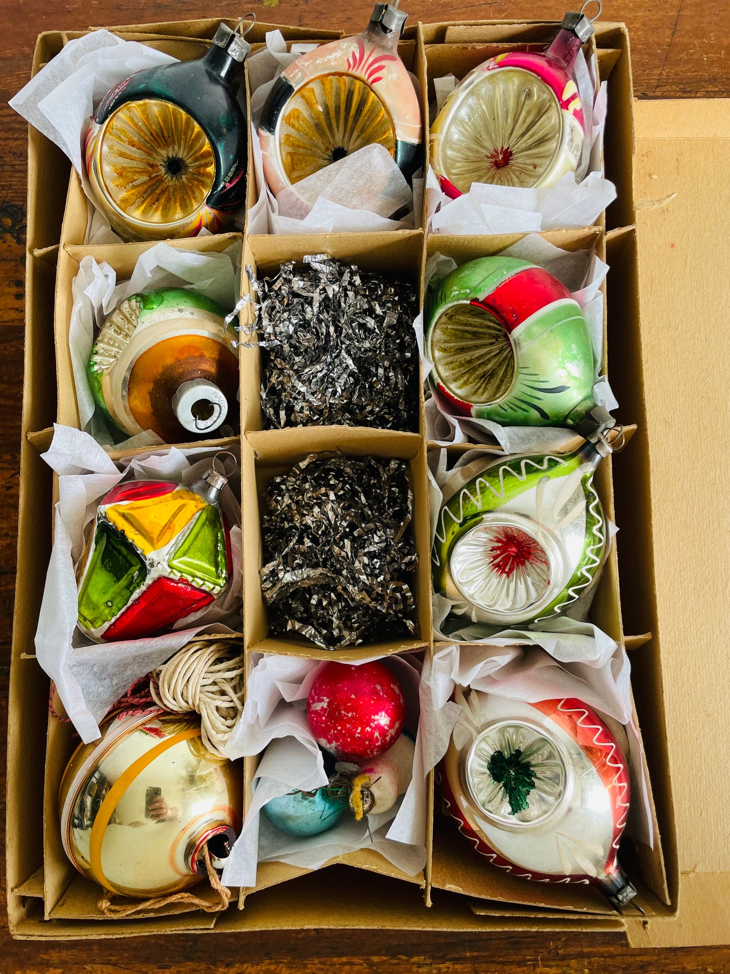 Vintage Collection of Mixed Glass & Indent Ornaments & Silver Tinsel in Divided Box #2 - Set of 10