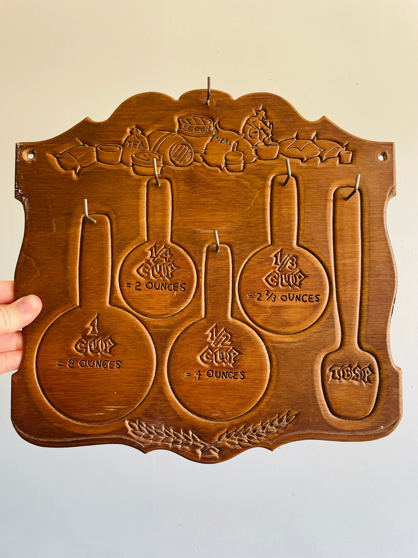 Carved Wood Kitchen Wall Hanging with Hooks for Measuring Cups & Spoons - Includes Cup and Ounce Conversions