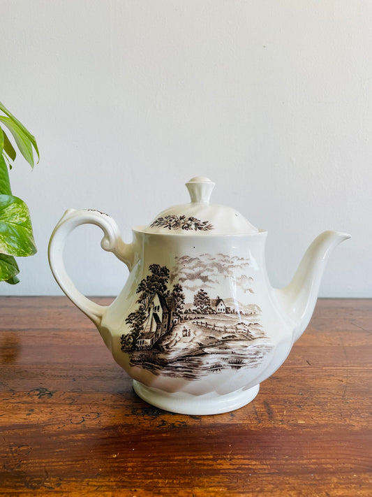 Ridgway Country Days Brown Transferware Teapot - Staffordshire England