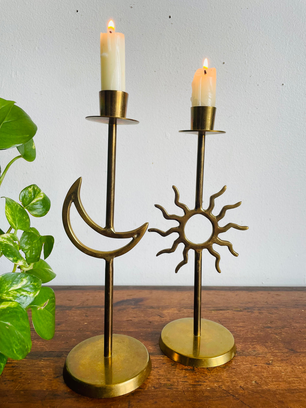 Vintage 90s Tall Brass Celestial Taper Candle Holders - Sun & Crescent Moon - Whimsigoth Decor - Set of 2