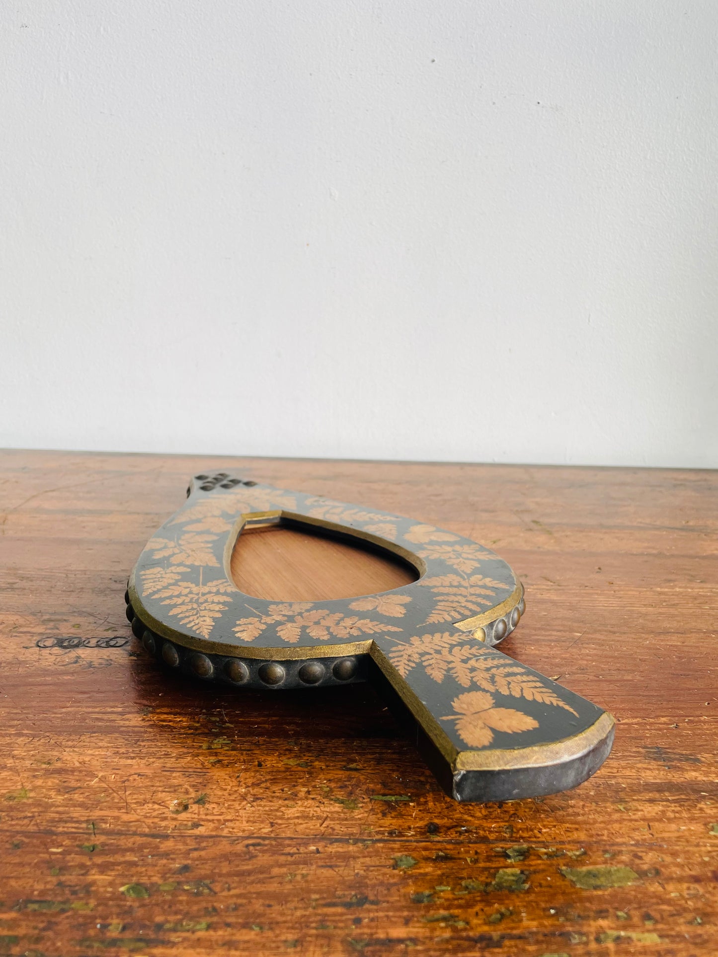 Vintage Handmade & Unique Hanging Wood Picture Frame with Brass Details & Botanical Fern Print - Repurposed Fireplace Bellows? The Most Interesting Frame I've Ever Seen!