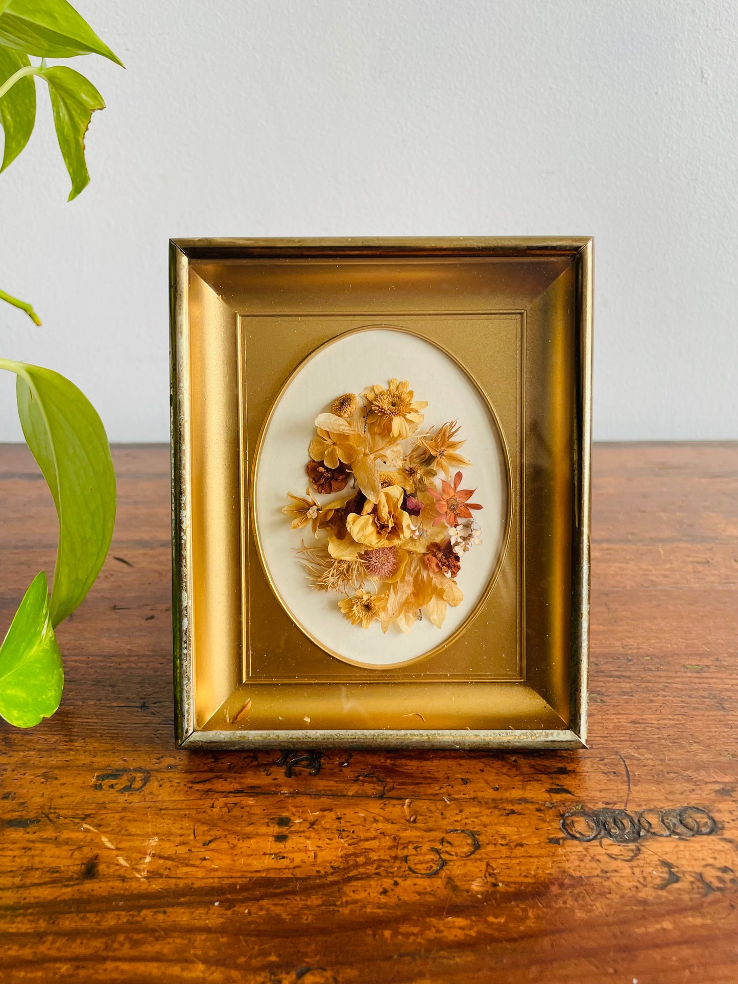 Dried Flower Arrangement - Oval Gold with Brass Shadow Box Frame - Easel Prop for Standing