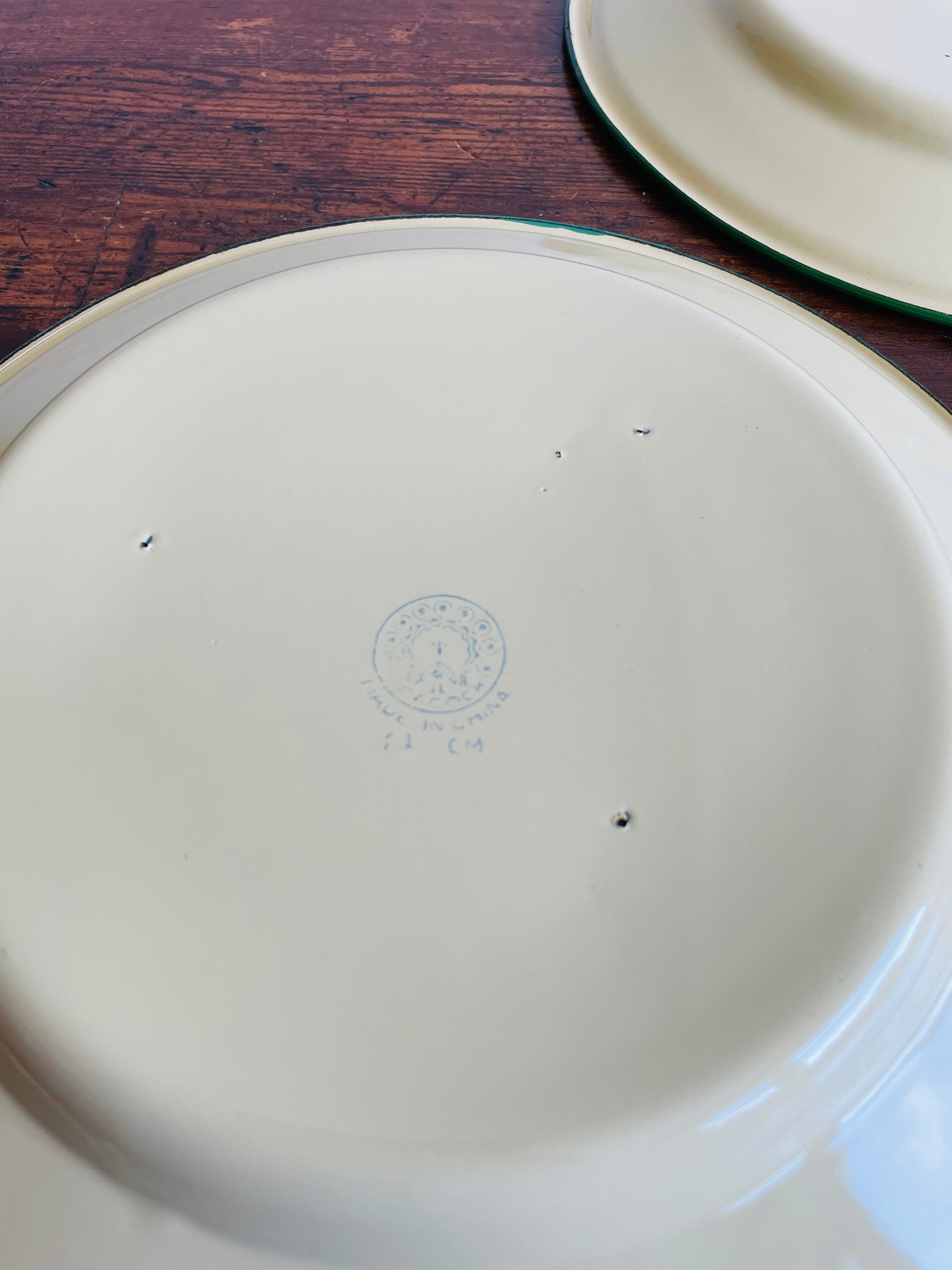 Vintage Goldfish & Peacock Brand Enamelware Plates - Pale Yellow with Green Rims - Set of 2