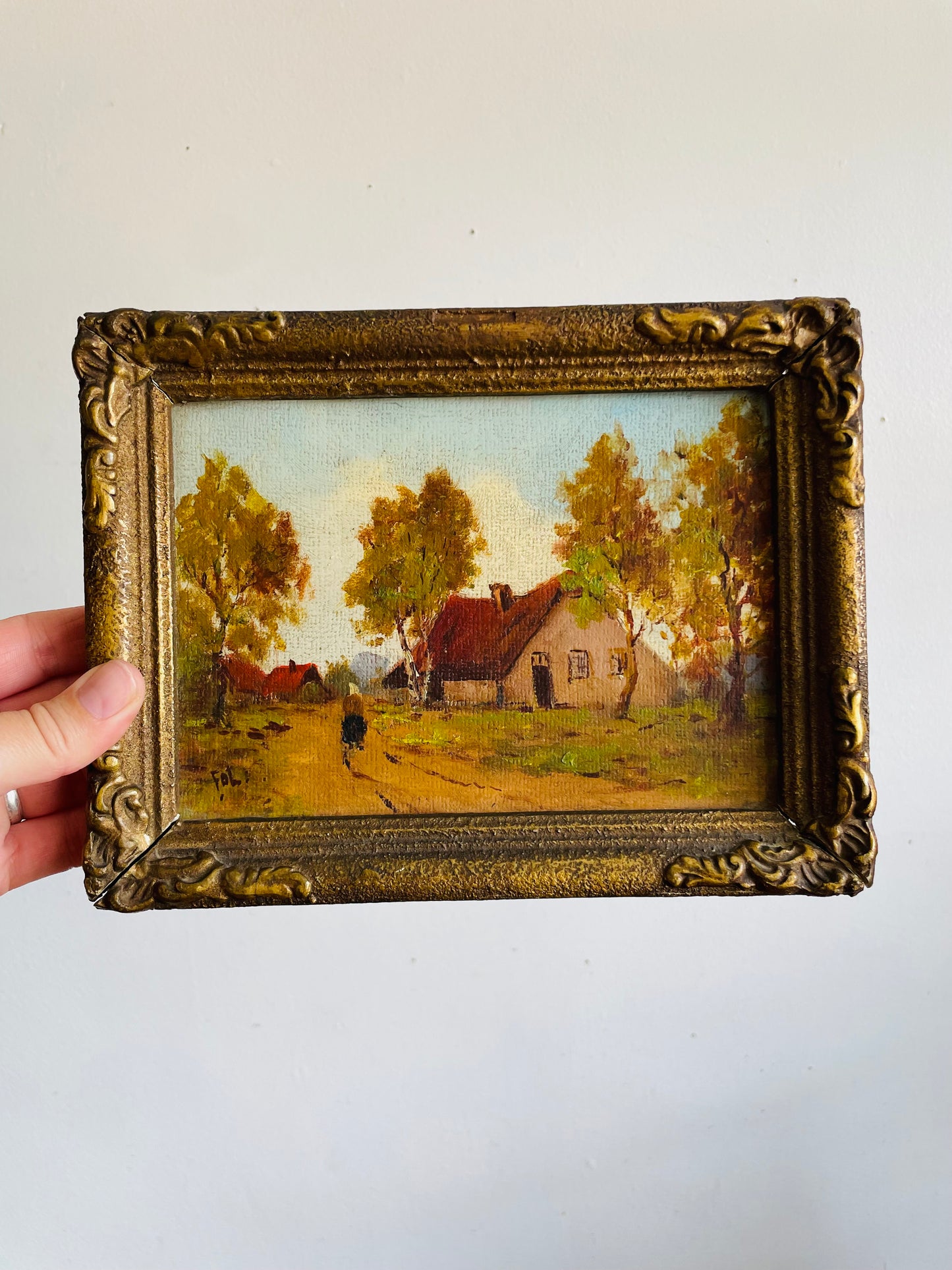 Vintage Original Art Painting in Gold Frame - European Rural Countryside Scene with Houses & Woman Walking Down Lane - Artist Signed