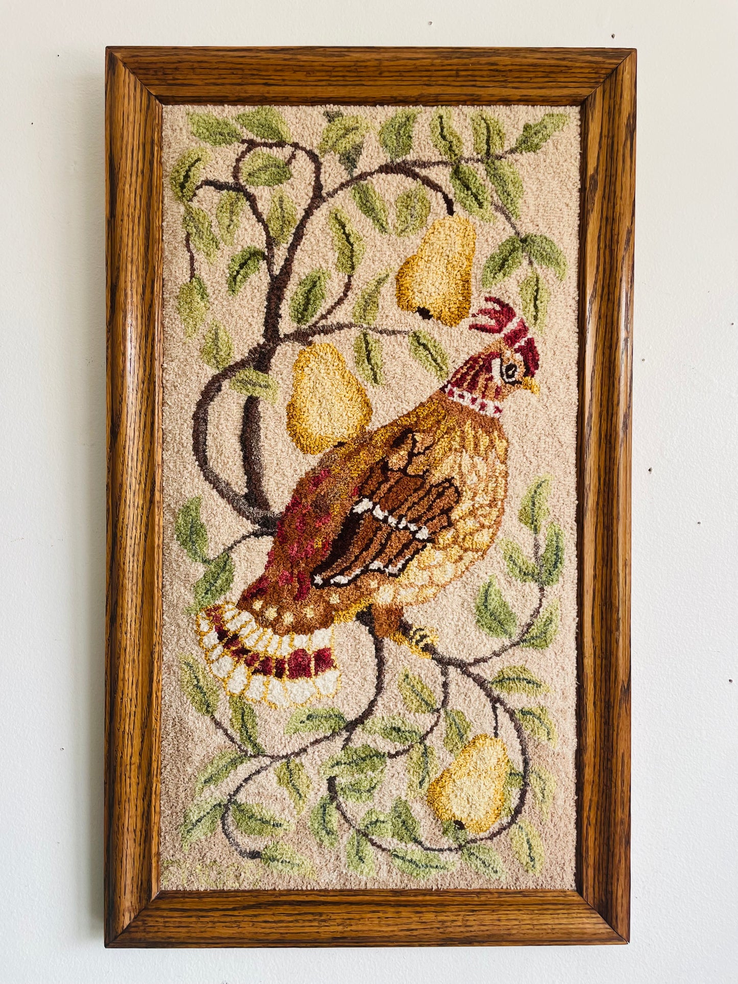 Vintage Stunning Partridge Bird in a Pear Tree Handmade Rug Hooking in Solid Wood Frame - No Shipping