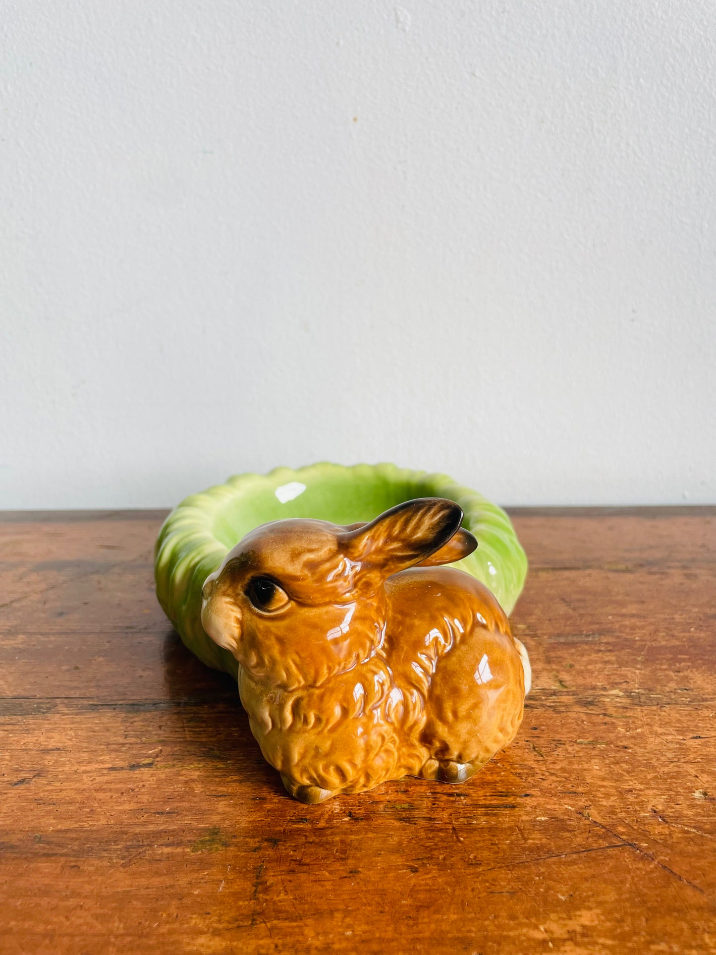 Vintage Goebel West Germany Adorable Brown Bunny Rabbit with Green Cabbage Trinket Jewellery Bowl Dish
