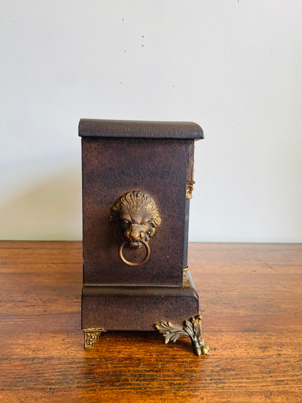 Antique Sessions Clock Company Mechanical Mantle Clock with Ornate Brass Details, Claw Feet & Lion Head Handles - Regent Eight Day Half-Hour Strike Model - Untested