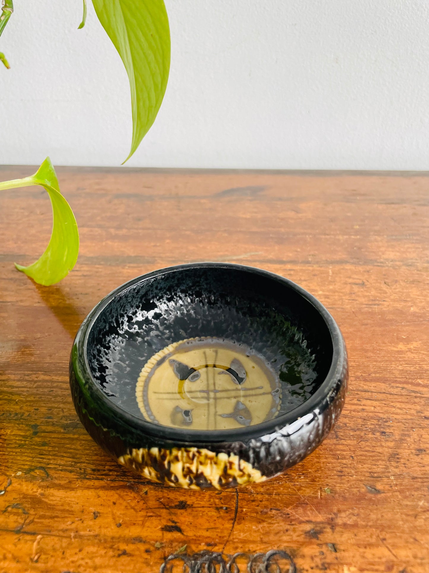 Pottery Trinket Bowl Dish with Black & Brown Design