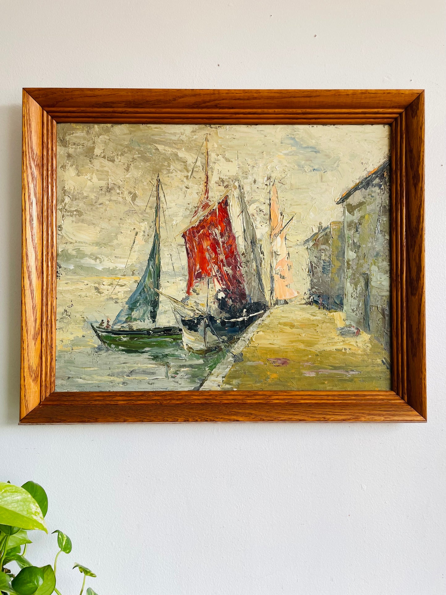 Vintage Original Art Painting - Impressionist Impasto Style - Sailboats & Fishing Ships Docked Along Wharf - "Marine Life" - Artist Signed - Purchased from a Fort Erie Estate - No Shipping