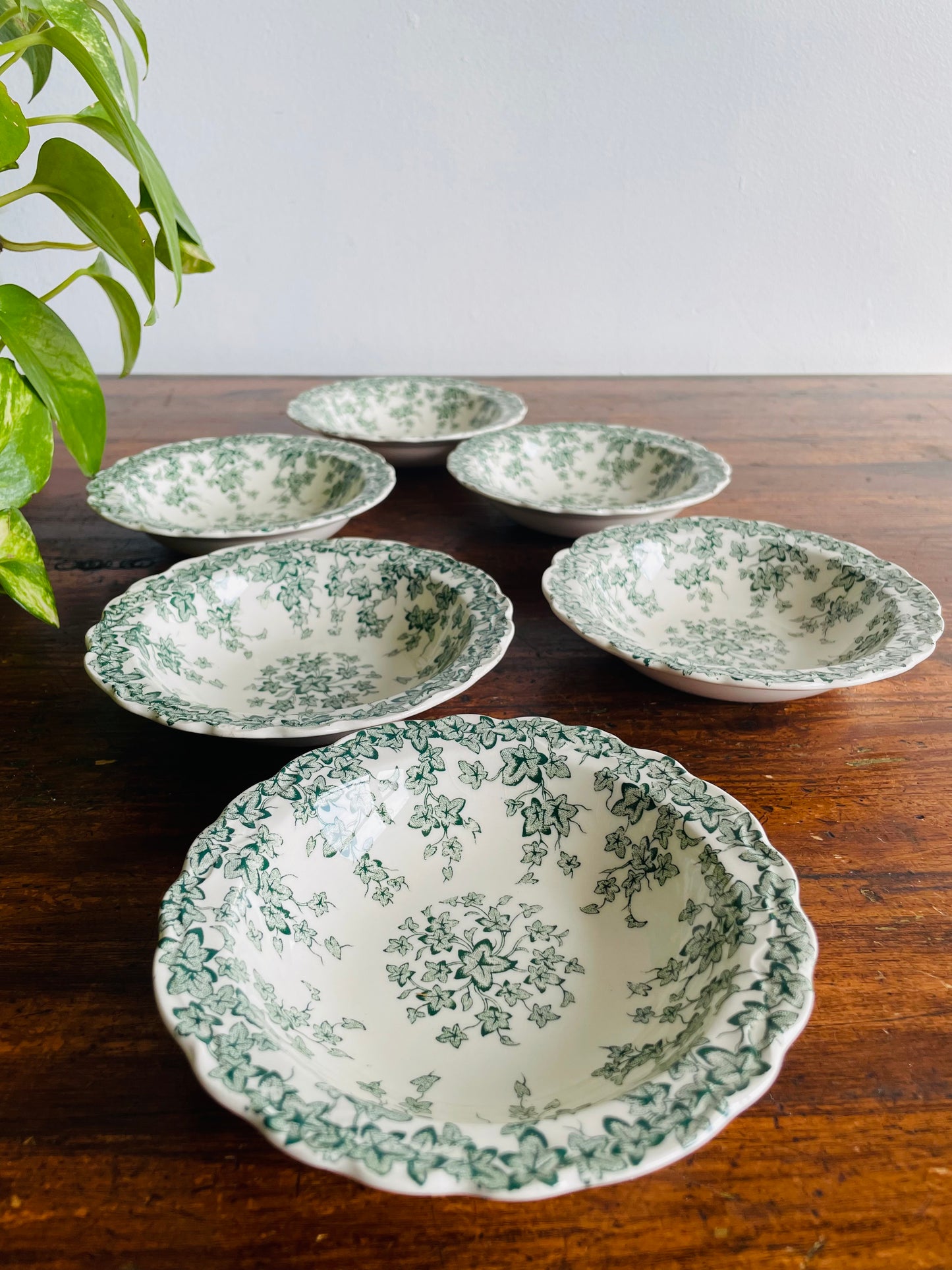 Crown Ducal England Small Fruit, Dessert or Sauce Bowls - Adaptation of Early English Ivy Green Pattern - Set of 6