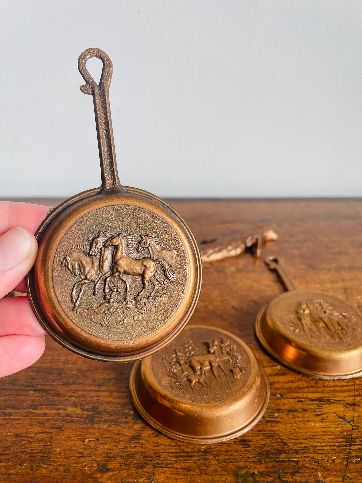 Vintage Miniature Hanging Copper Pans on Branch Hanger with Embossed Animal & Nature Images