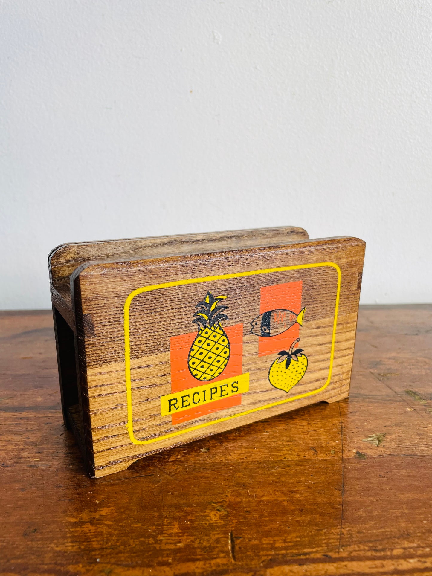 Vintage MCM Wood Recipe Card Holder with Bright Orange & Yellow Pineapple, Fish & Strawberry Graphics
