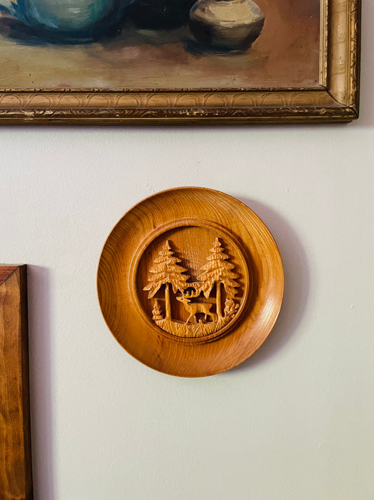 Carved Wood Wall Plate Picture of Stag Deer in Forest