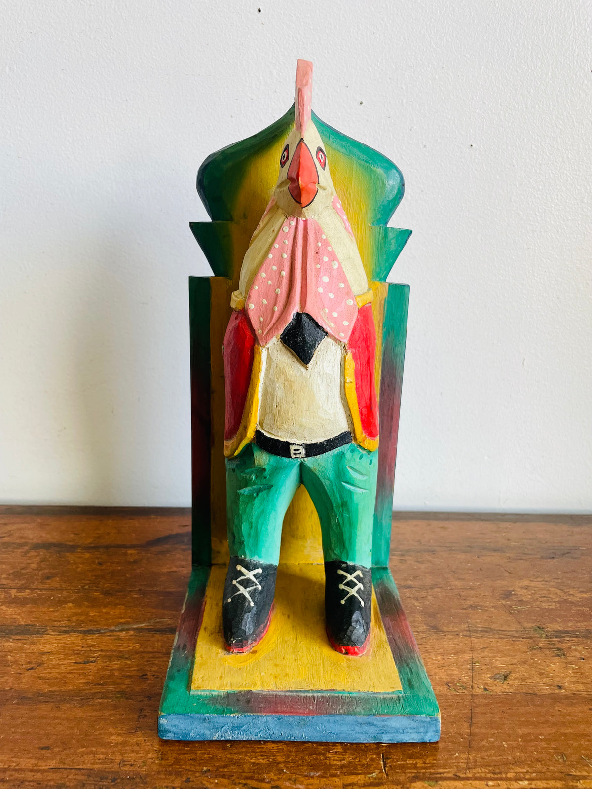 Vintage Bright & Fun Carved Wood Distinguished Gentleman Rooster in Fancy Clothing Giant Bookend or Statue - Whimsical Home Decor