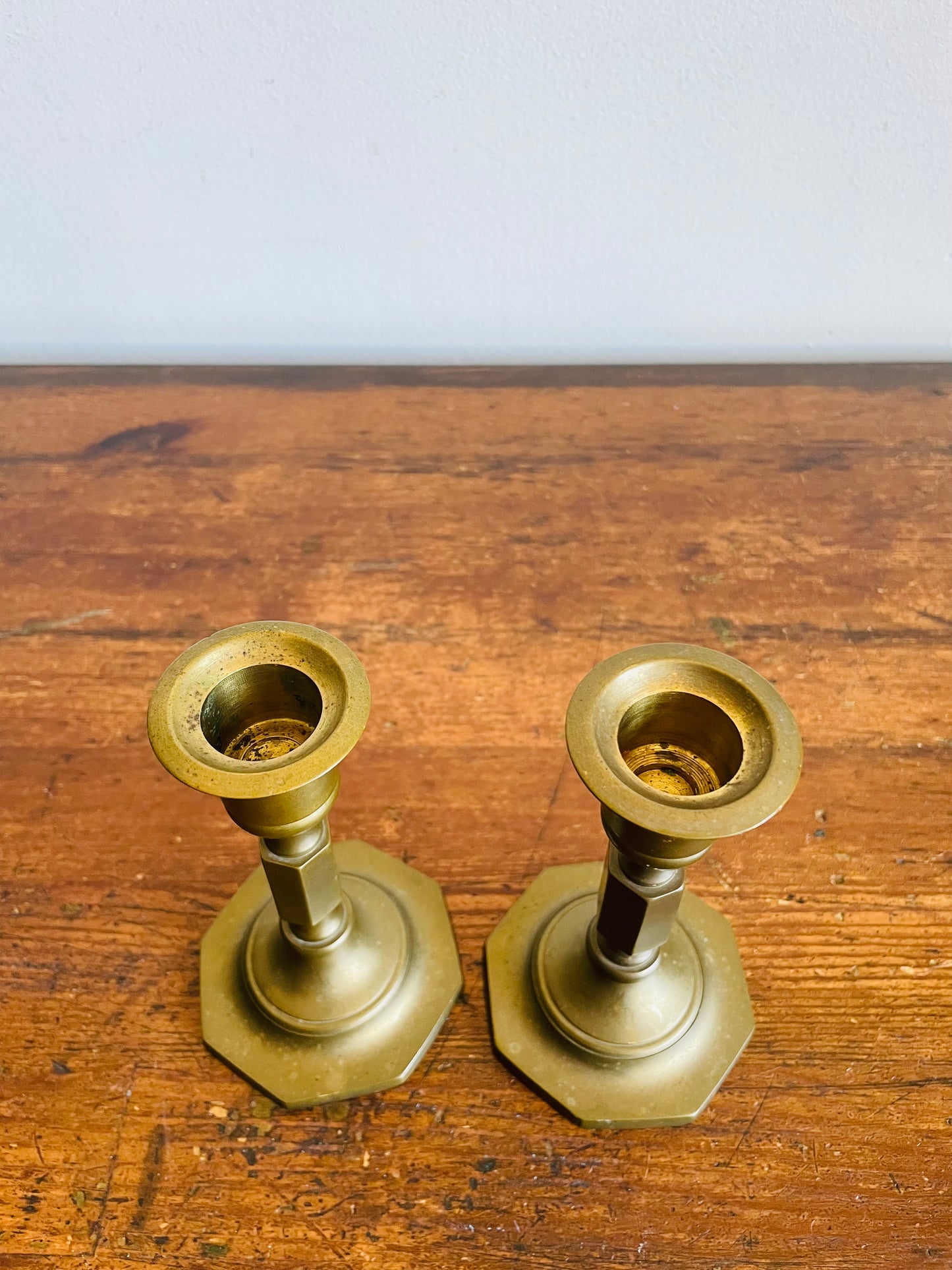 Vintage Solid Brass Candle Holders with Octagonal Base - Set of 2
