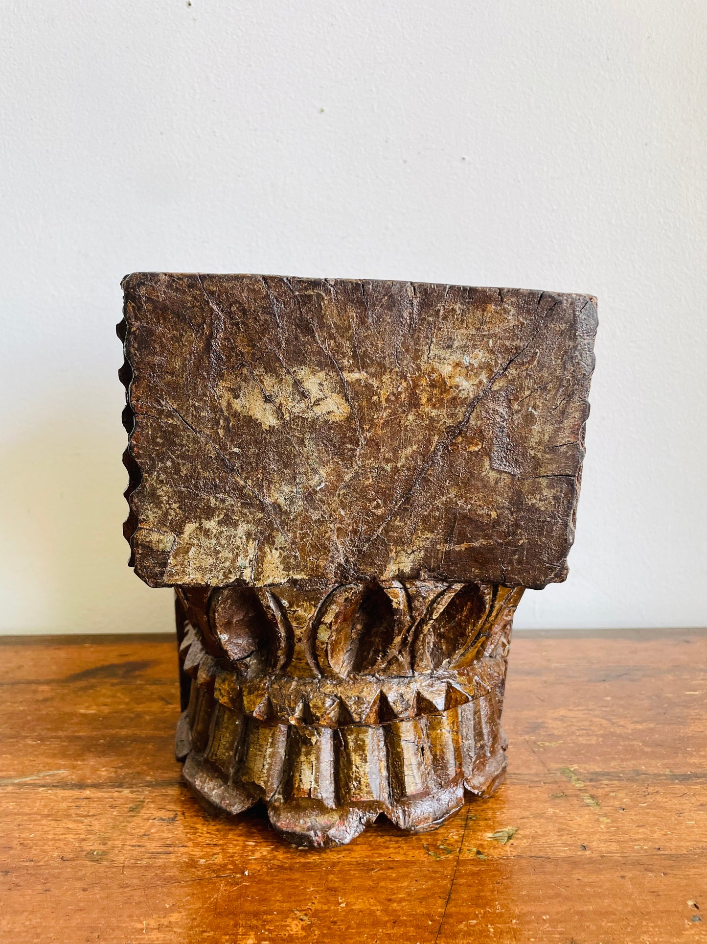 Vintage / Possibly Antique Hand-Carved Indian Architectural Salvage - Solid Wood Heavy Pillar Post from Temple or Home - Has Brackets for Hanging or Can Stand / Has a Candle Holder Spike Carved Out on Top