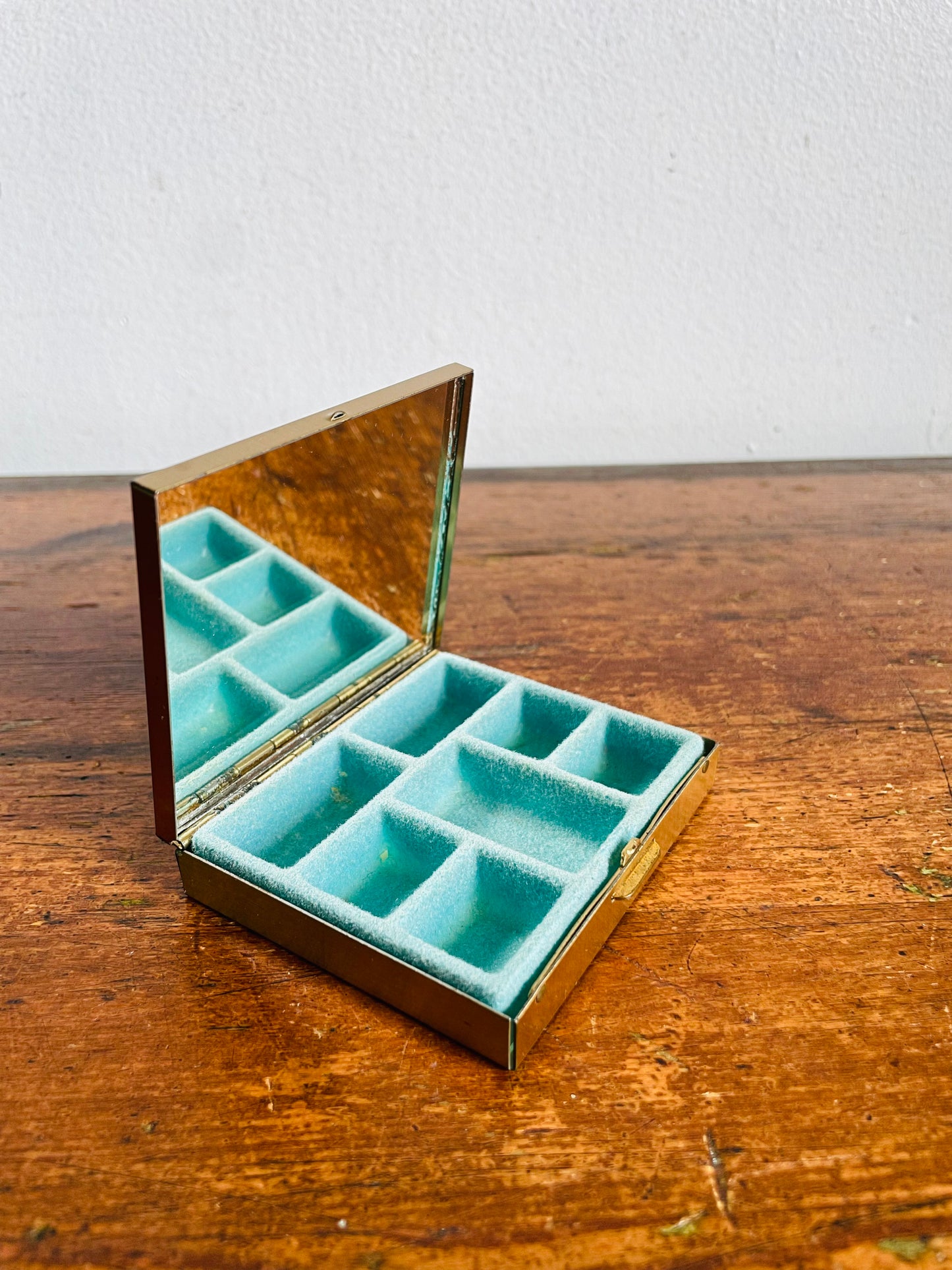 Vintage Brass & Enamel Travel Pocket Case with Divided Jewellery or Pill Organizer Compartment & Mirror - Snowy Winter Night Scene - Made in Vancouver Canada