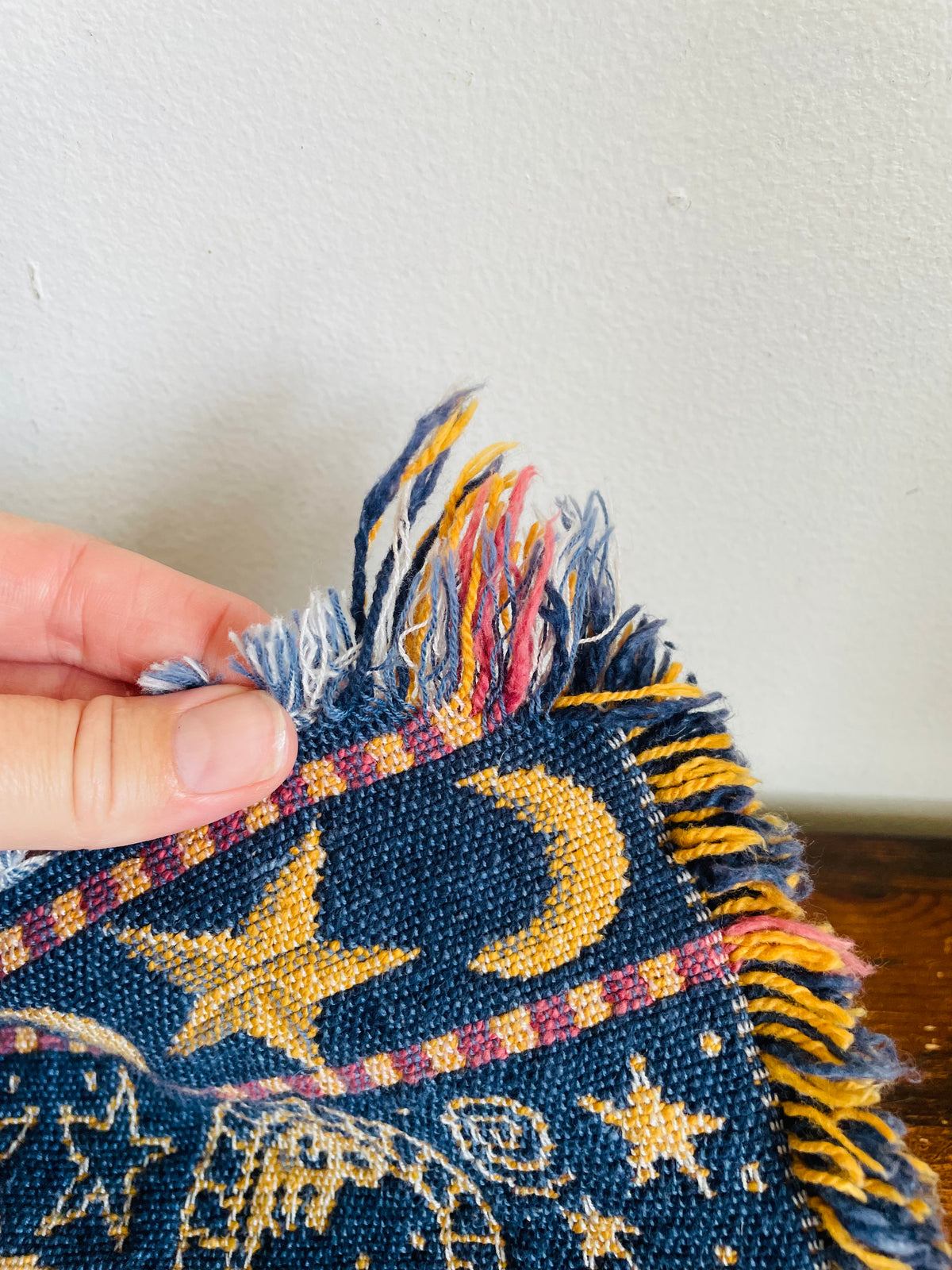 Vintage Blue & Yellow Reversible Celestial Tapestry Fabric Fringed Placemats with Sun, Moon & Star Design - Whimsigoth Decor - Set of 6