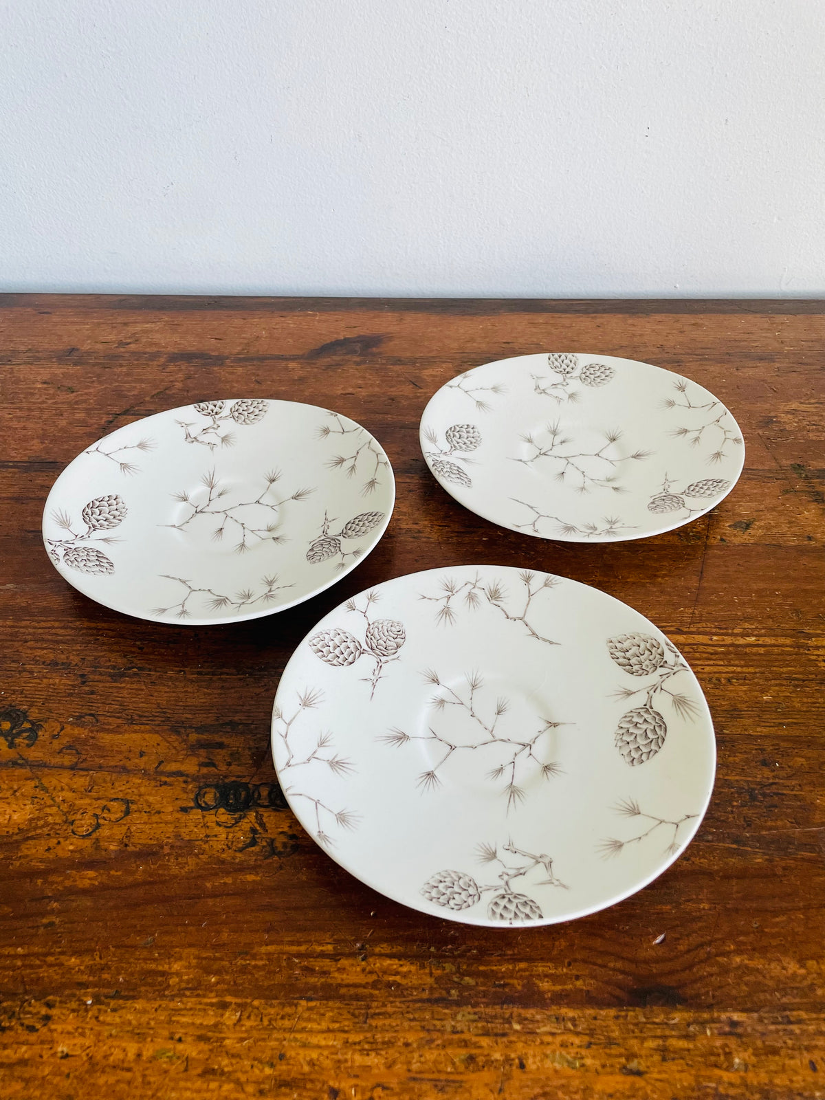 Vintage Wood & Sons "North Woods" Pattern Saucer Plates with Pinecone Design - Engraved by Hand - Made in England - Set of 3