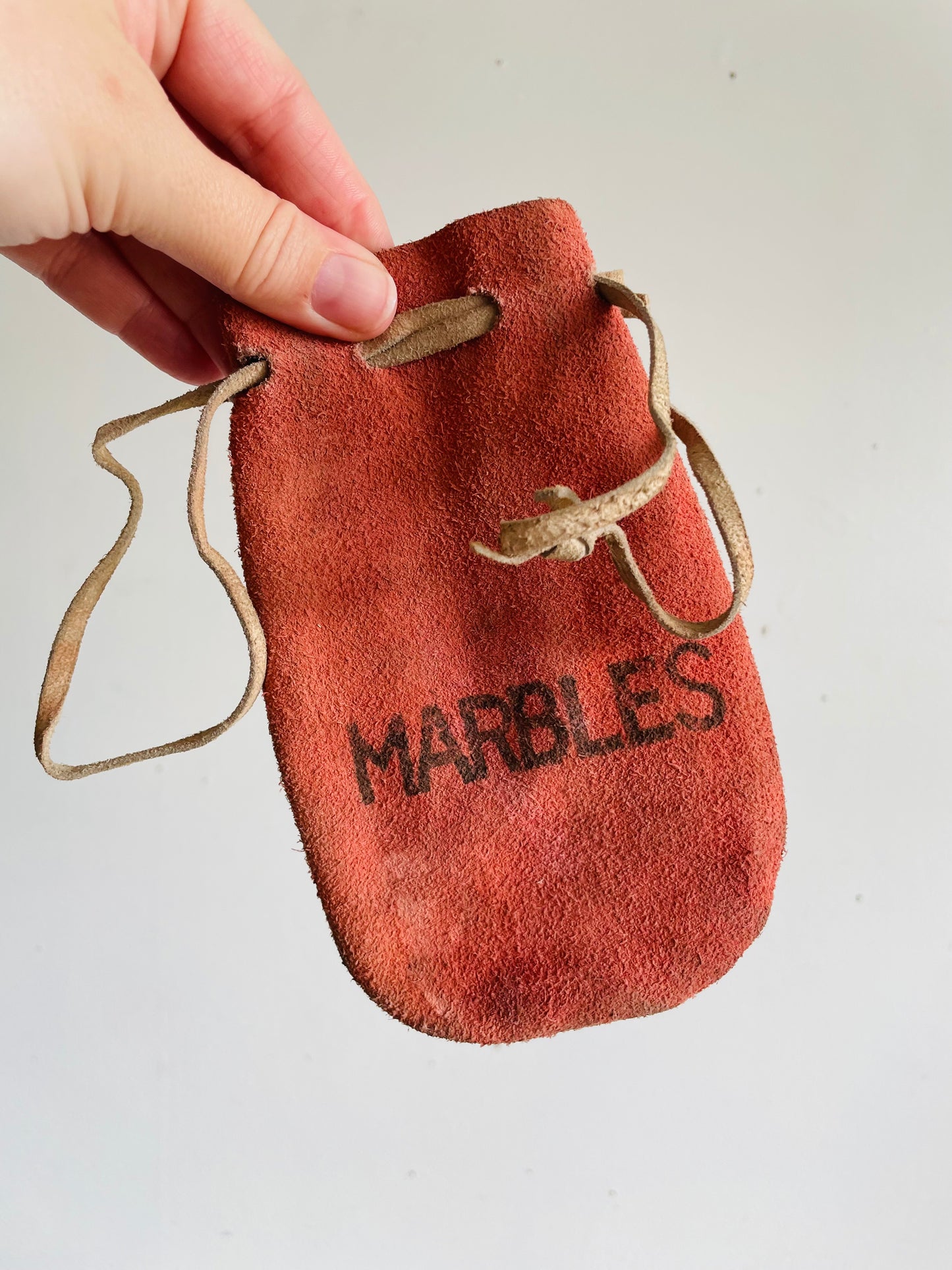 Vintage Faded Red Leather Drawstring Pouch Bag for Marbles