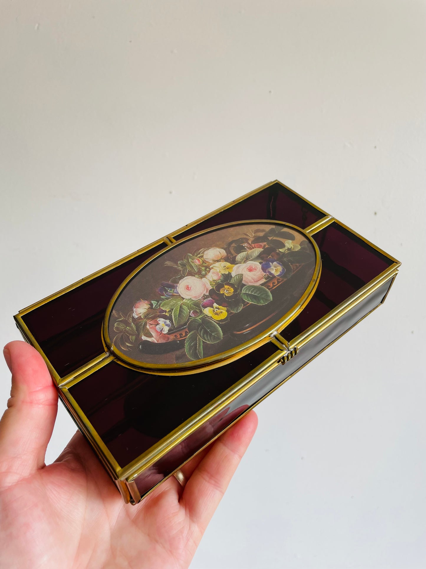Enesco Corporation Purple Glass & Brass Divided Sectional Jewellery Box with Flower Lid - Made in Mexico