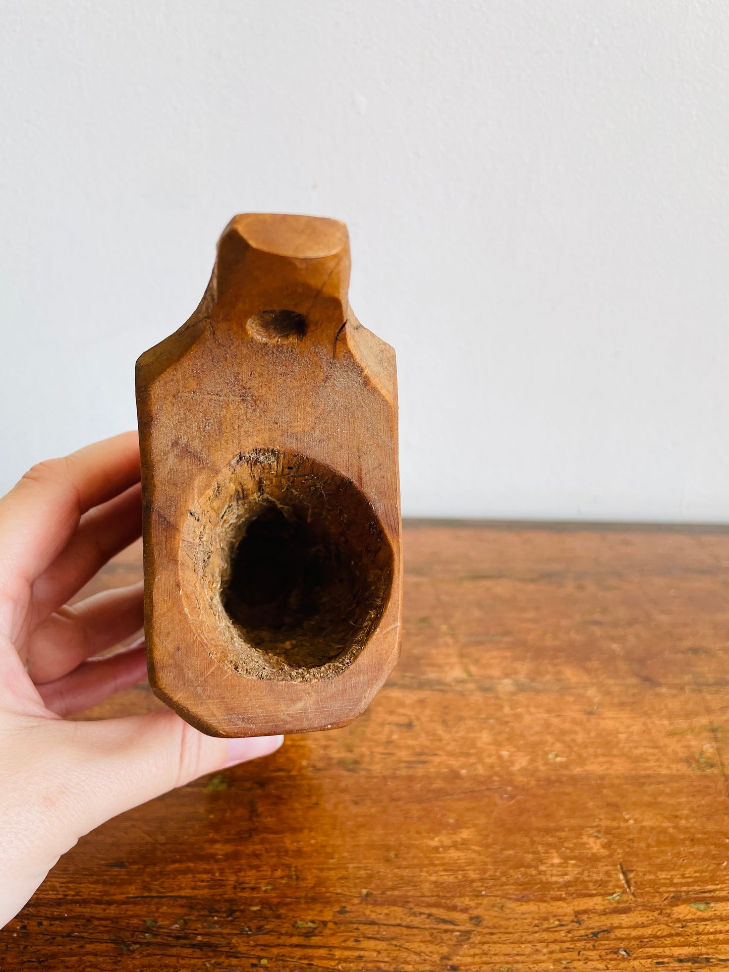 Vintage Hand Carved Wood Wall Pocket Vase with Flower & Stripe Design