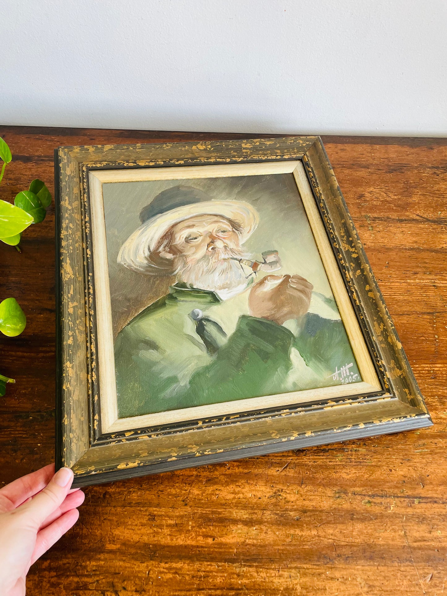 Vintage 2005 Original Art Painting Picture of Old Man Lighting a Pipe - Artist Signed