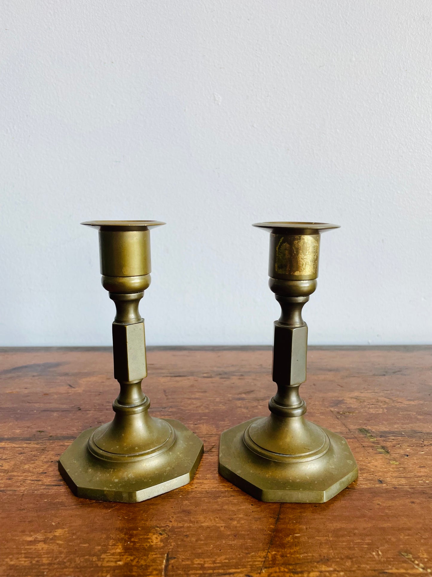 Vintage Solid Brass Candle Holders with Octagonal Base - Set of 2