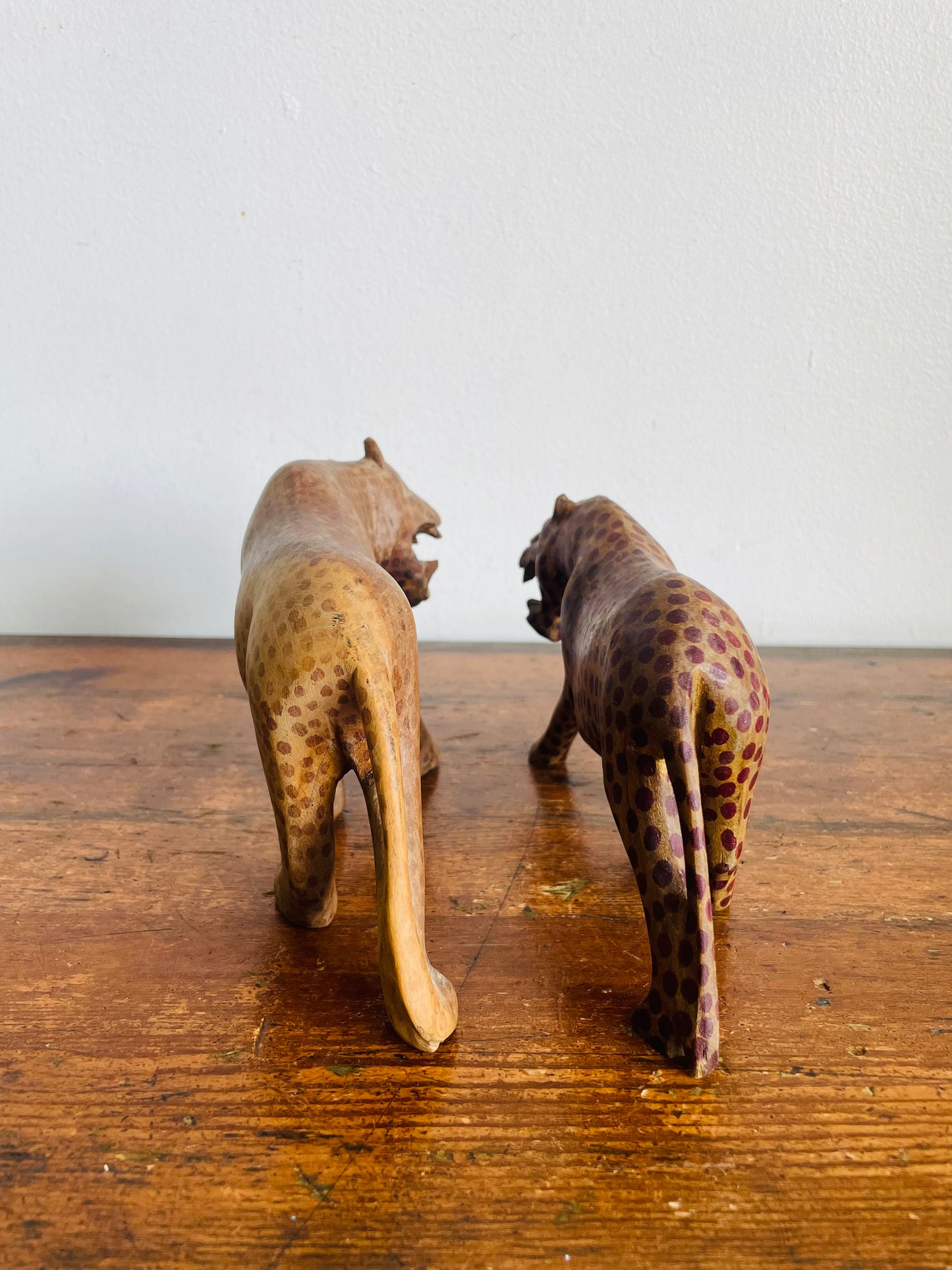 Vintage Hand Carved Wood Prowling Spotted Leopard Big Cats - Set of 2