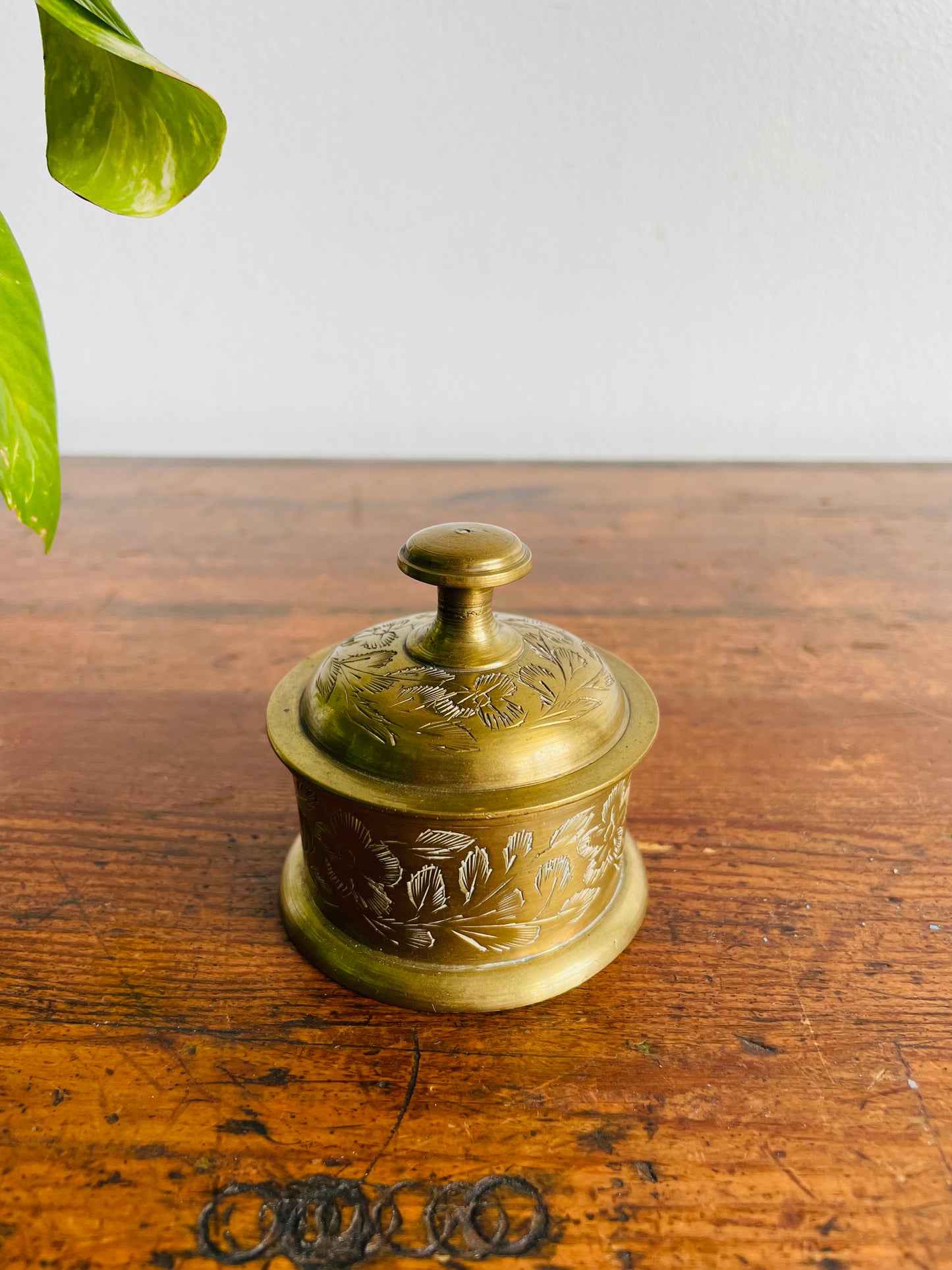 Etched Solid Brass Round Trinket Dish with Lid - Made in India