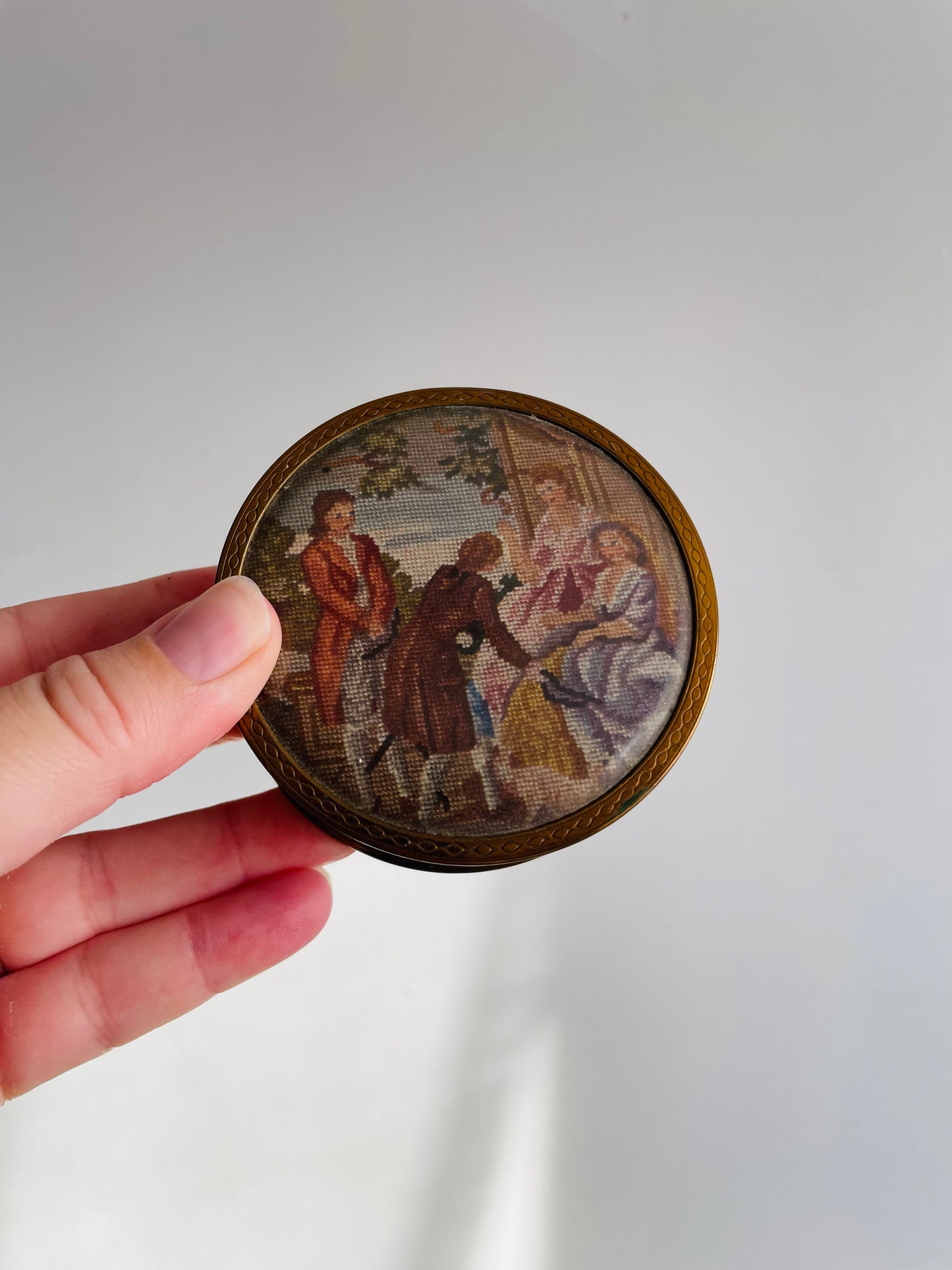 Footed Petit Point Embroidery Round Brass Trinket or Jewellery Box with Mirror Inside