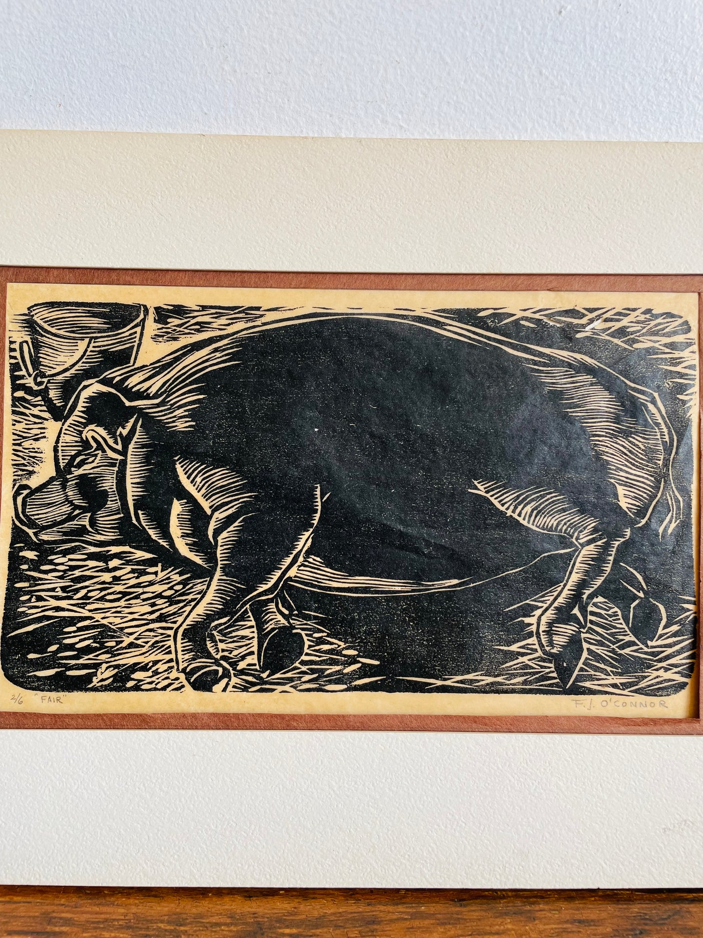 Matted Woodcut Print Picture of Prize Sow Pig - Signed & Numbered - 2/6 "Fair" by F.J. O'Connor