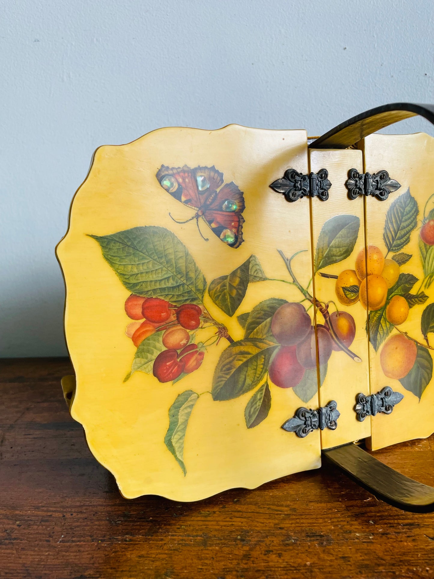 Vintage 1972 Wood Woven Decoupage Basket Purse or Storage Container with Botanical Fruit & Butterfly Design - Artist Signed - Angie 9/72