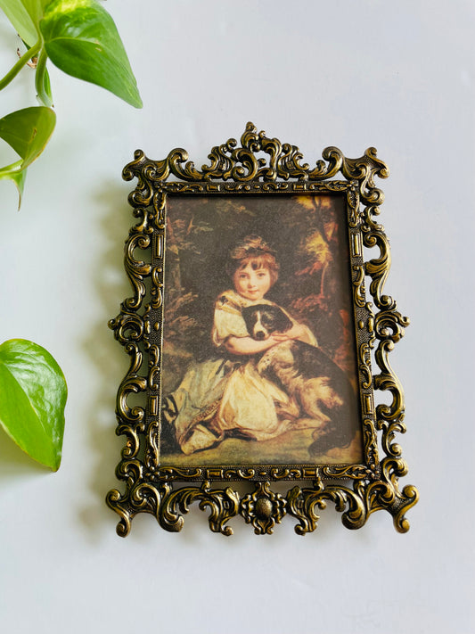 Vintage Ornate Brass Picture Frame with Print of Miss Jane Bowles & Puppy by Sir Joshua Reynolds - Made in Italy