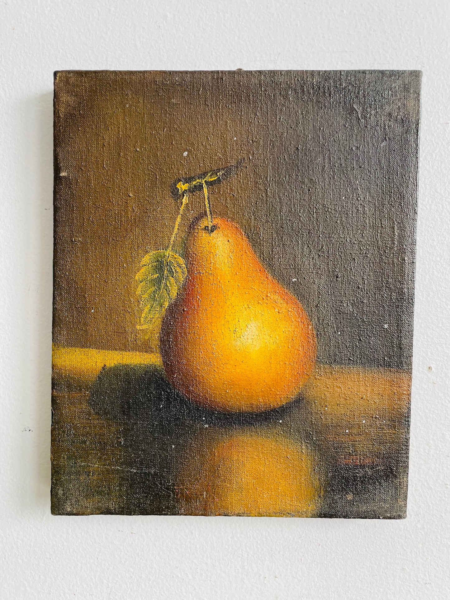 Antique Original Art Painting Picture on Canvas - Moody Still Life Study of a Pear