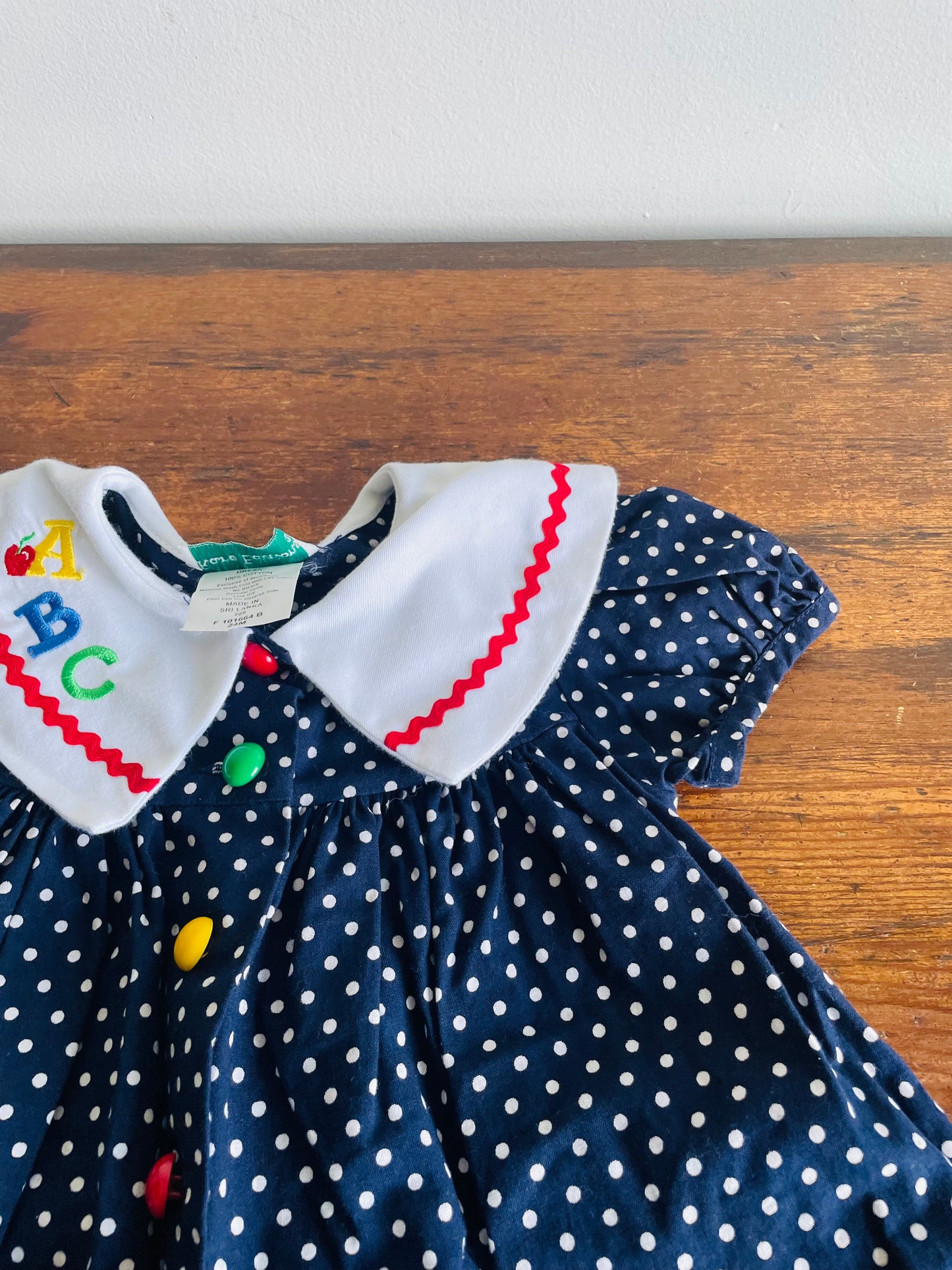 Rare Edition Brand 100% Cotton Navy Polka Dot Dress with ABC School Patches - Size 24 Months