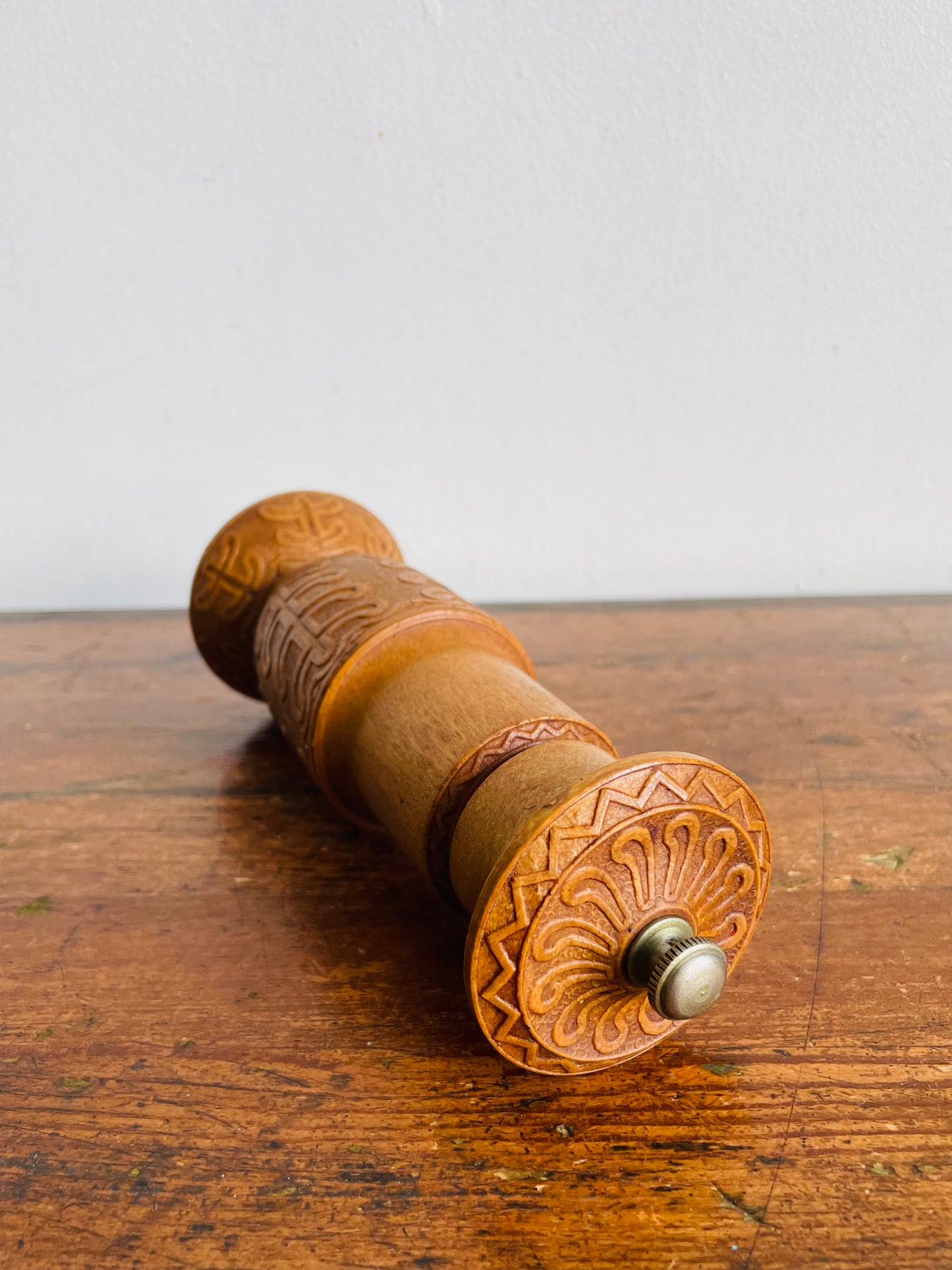 Vintage Carved Wood Pepper Mill Grinder with Interesting Design - Made in Italy