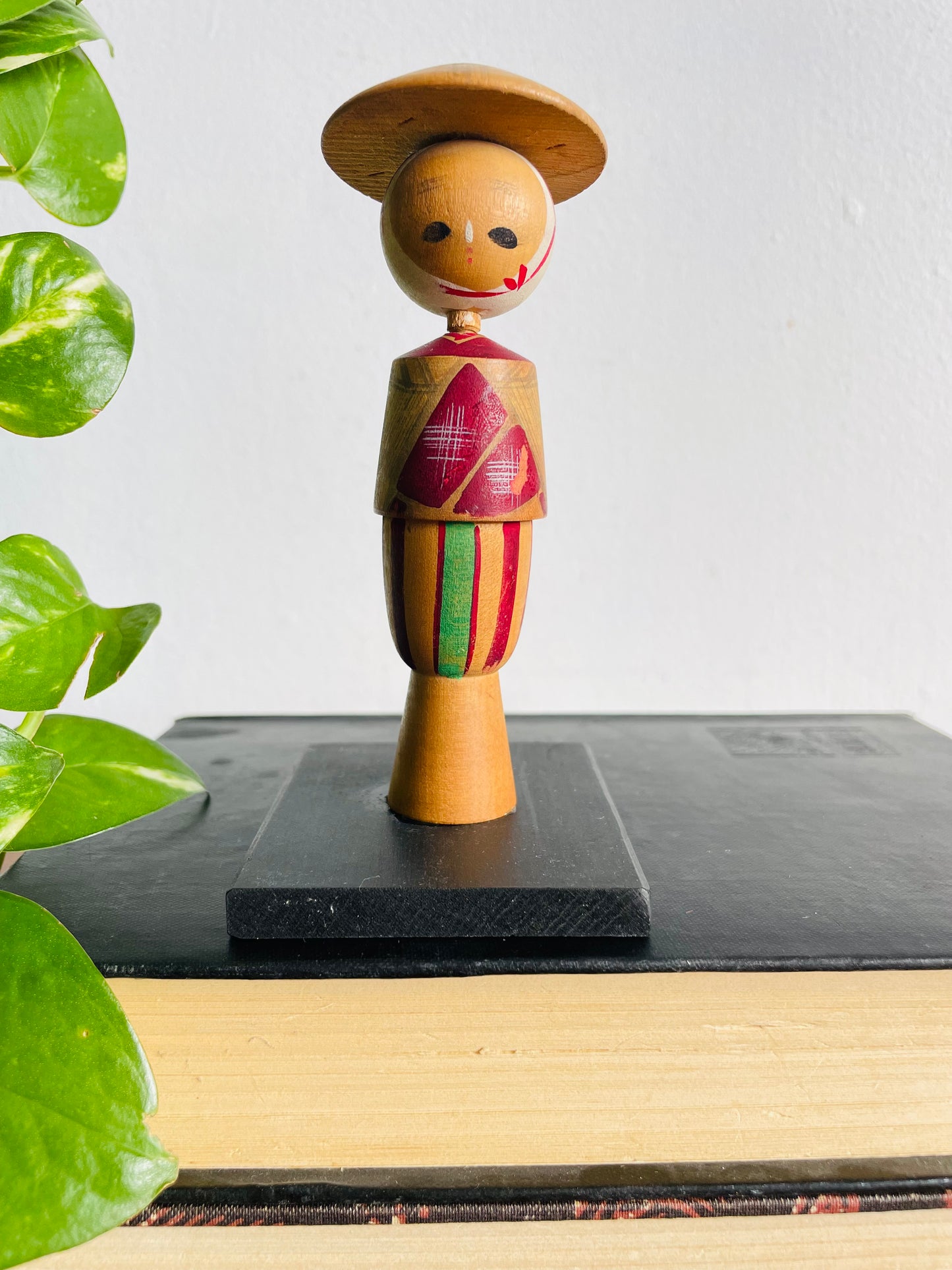 Vintage 5" Tall Japanese Wooden Kokeshi Bobblehead Doll with Maroon Dress & Hat on Base