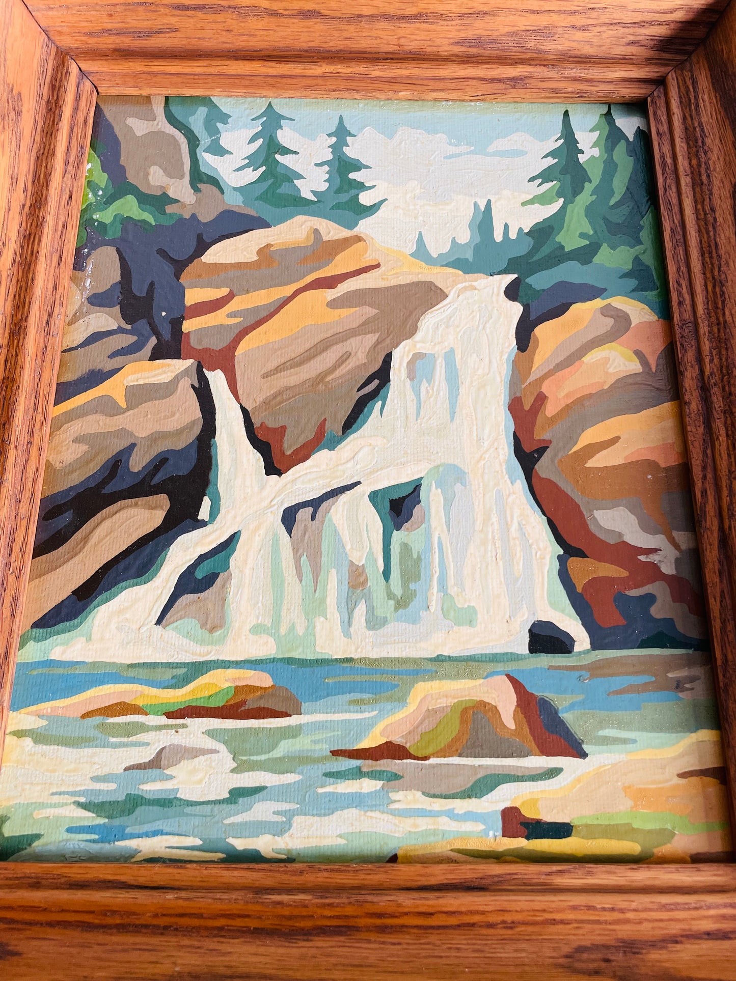 Vintage 1960s Paint by Number (PBN) Picture of Waterfall Forest Scene in Wood Frame
